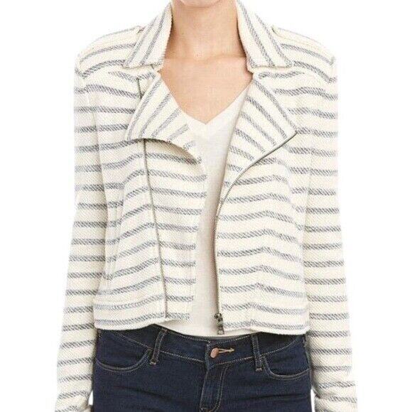 BCBGMAXAZRIA Levi Striped Asymmetrical Zip Cropped Moto Jacket FLAW White XS - Picture 1 of 10